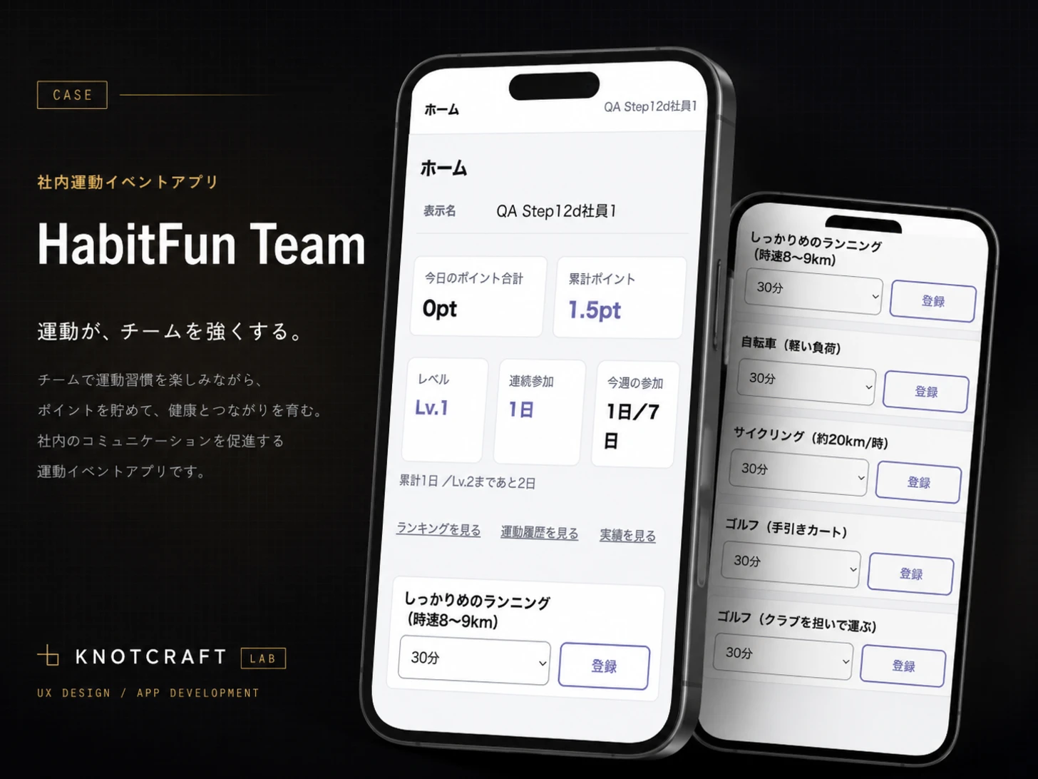 社内運動イベントアプリ HabitFun Team の事例ビジュアル。ホーム画面のポイント・レベル表示と、運動メニューの記録画面をスマートフォンに表示している。